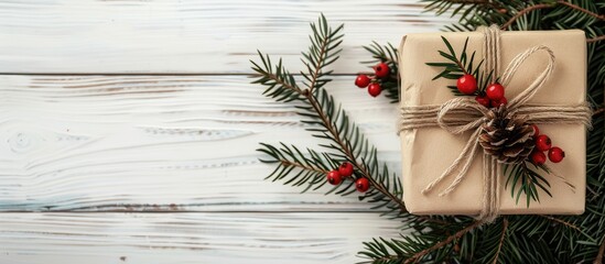 Aufkleber - Flat lay of a festive gift decorated with green Christmas tree branches and red berries on a white wooden background, with space for text or images. Copy space image. Place for adding text and design