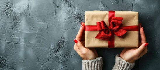 Wall Mural - Female hands holding a simple gift box wrapped in craft paper with a red satin bow, against a grey background with a close-up view and room for additional details or images; copy space image