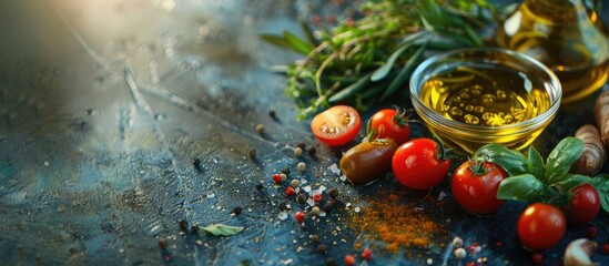Poster - On the table sits a fresh bowl of olive oil accompanied by vegetables and spices, creating a lovely display with copy space image.