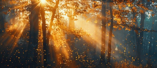 Aufkleber - Afternoon sunbeams shining through trees, creating autumn vibes in a captivating copy space image.