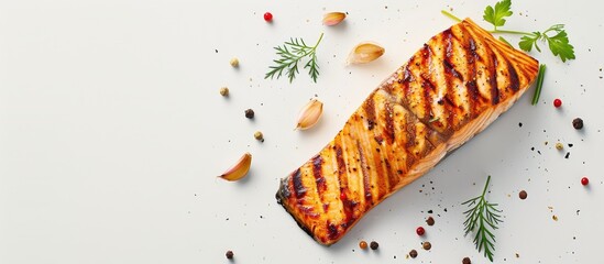 Poster - Banner design featuring a mouthwatering grilled salmon on a white background with copy space image.