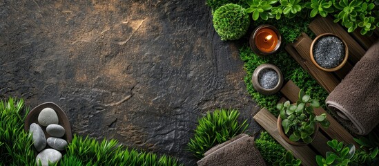 Poster - Spa treatment elements displayed on a dark background on a wooden table with green grass, allowing for easy inclusion of a copy space image.