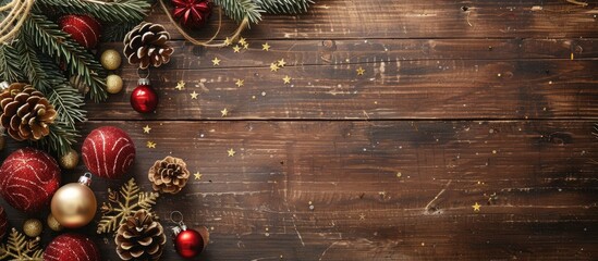 Poster - Festive Christmas decorations creatively arranged on a wooden board with copy space image.