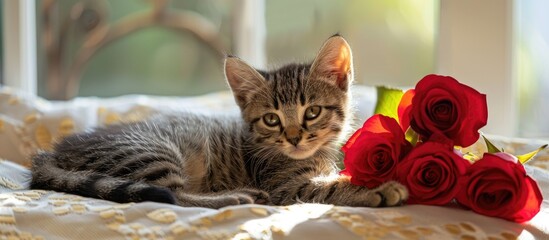 Poster - Copy space image of a lovely gray striped kitten lounging by a window on a sunny day in the living room next to red roses.