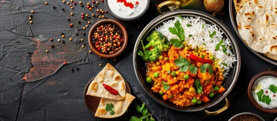 Poster - Healthy Indian lentil and rice dish with spices, vegetables, served with yogurt, papad, and chili pickle, shown in the copy space image.