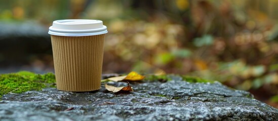 Aufkleber - Cardboard coffee cup with lid outdoors on stone surface, with copy space image available.