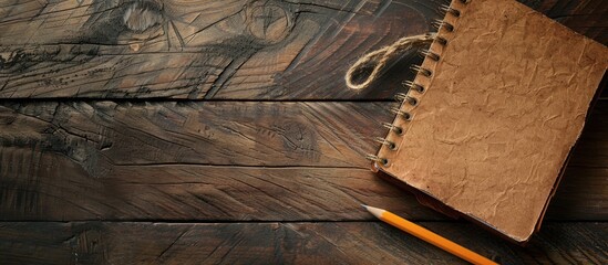 Leinwandbilder - A brown notebook and pencil placed on a wooden desk, creating a serene copy space image.