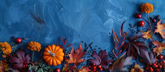 Wall Mural - Autumn-themed still life arrangement featuring a mix of orange pumpkin, maple leaves, burgundy leaves, red berries, and yellow flowers on a blue backdrop, designed with copy space for text.