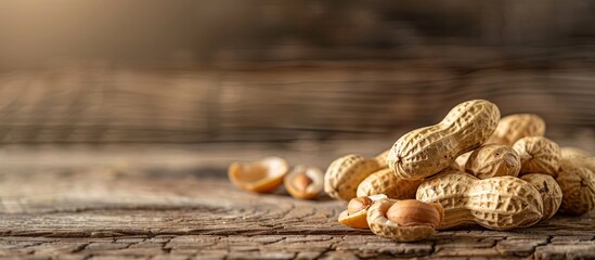 Aufkleber - Fresh peanuts in shells placed on a wooden surface, set against a natural background with ample space for additional images.