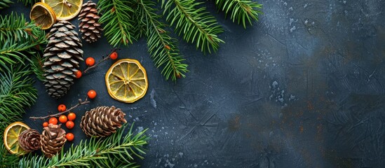 Poster - Top-down view of Christmas fir branches adorned with cones, viburnum berries, and a dried lemon slice, providing ample space for inserting text in the image.