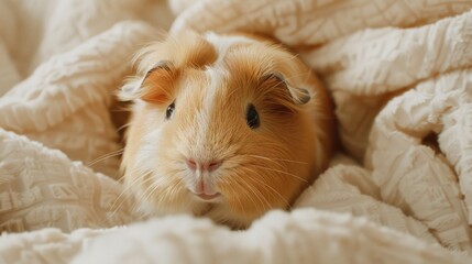 Wall Mural - A small brown and white guinea pig is laying on a blanket