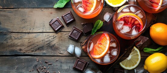 Aufkleber - Top-down view of a cold tequila-based citrus cocktail with blood orange juice and ginger beer, served on a rustic wooden surface, accompanied by ice, lemon slices, and chocolate treats. Available