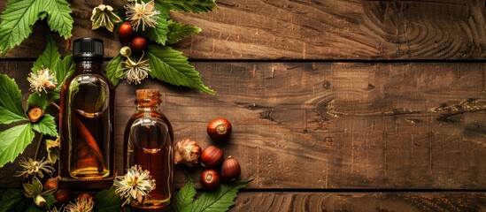 Poster - Horse chestnut tincture showcased with a copy space image on a wooden table background.