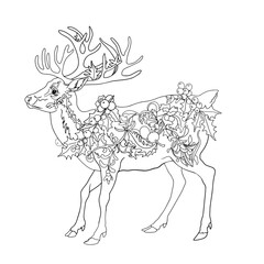 Wall Mural - Hand Drawn Vector Illustration with Cute Christmas Deer in Pine and Holly Wreath - Perfect for Tee Shirt Logo, Greeting Card, Poster, Invitation, or Nursery Print Design