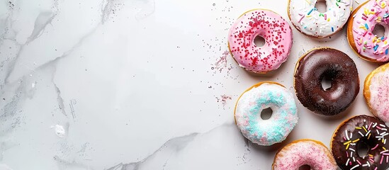 Poster - Colorful doughnuts displayed on a table with copy space image, seen from above and isolated.