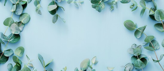 Aufkleber - Eucalyptus branches and leaves on pale blue backdrop with eucalyptus frame; top view flat lay for a banner with available copy space image.