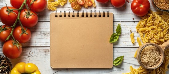Poster - Top-down view of a notebook on a wooden cutting board surrounded by various dry pasta and tomatoes, on a white wooden surface, allowing room for additional images.