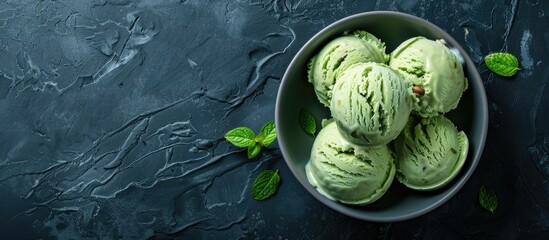 Poster - Scrumptious pistachio ice cream on a dark table with copy space image.