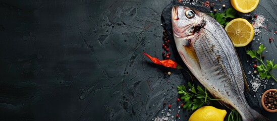 Poster - Top view of a creative layout with fresh raw fish, spices, lemon, on dark stone background. Includes copy space image for a healthy food concept.