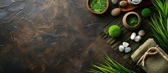 Poster - Spa treatment elements displayed on a dark background on a wooden table with green grass, allowing for easy inclusion of a copy space image.