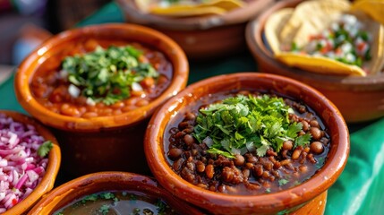 Canvas Print - A table with several bowls of food, including beans, chili, and salsa. The bowls are all different sizes and colors, and they are arranged in a way that makes them easy to access