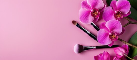 Poster - Pink background with makeup tools displayed alongside an elegant orchid flower, creating a visually pleasing copy space image.