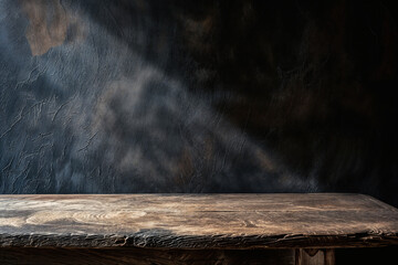 Poster - Old wooden table with dark textured background and light beam