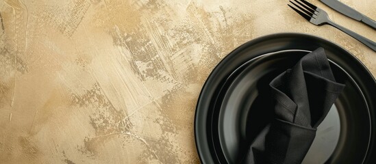 Poster - Close-up of an elegant table setting with a black napkin against a beige background, with a copy space image.
