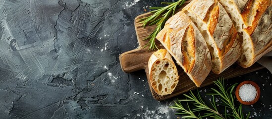 Poster - Top view of freshly sliced ciabatta bread on a wooden cutting board with rosemary and salt on a dark stone concrete table, featuring copy space image.