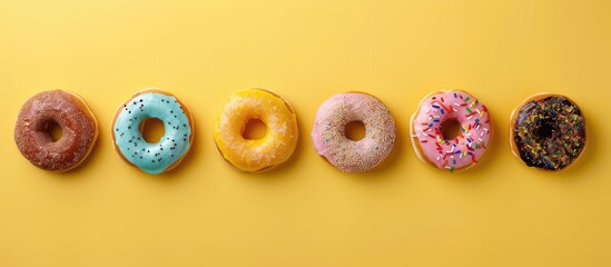 Poster - Donuts arranged in a row on a yellow backdrop with copy space image.