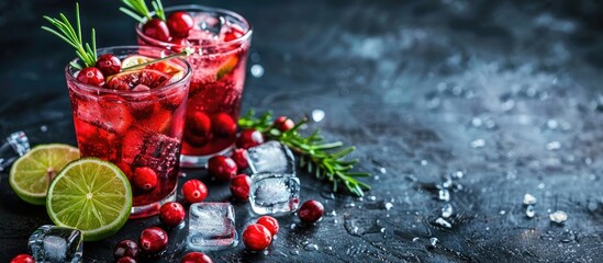 Poster - Two glasses of a refreshing red cranberry and lime cocktail with rosemary and ice on a dark background with copy space image.