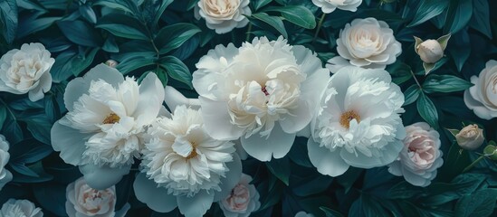 Aufkleber - Blooming white peonies and roses in a garden with floral wallpaper. Modern color scheme symbolizing love. Ideal for a card or text with ample copy space image.