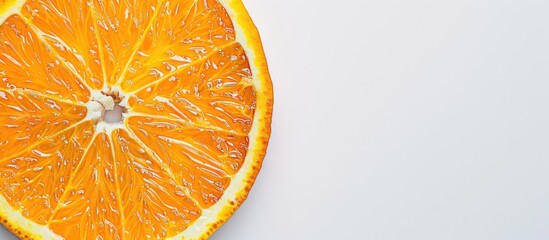 Wall Mural - Fresh juicy orange slice on white background with tropical vibes and appetizing copy space image.
