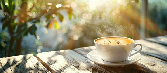 Poster - Steaming cup of morning coffee with copy space image.