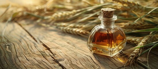 Poster - A glass bottle featuring essence made from wheat, barley, rye, and oats displayed on a wooden surface with green wheat ears, ideal for cosmetic product ads needing a copy space image.