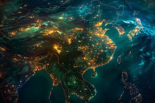 An aerial satellite image captures the brilliance of city lights at night across East Asia
