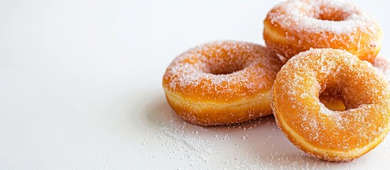 Canvas Print - Delicious sugary donuts on a white background with copy space image.