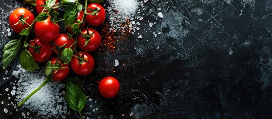 Poster - Cooking ingredients like cherry tomatoes, salt, spices, and herbs on a black background with a copy space image.