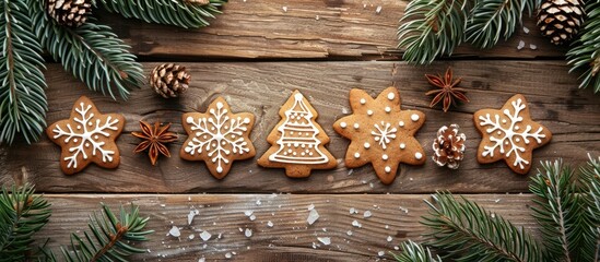 Aufkleber - Top-down view of a Christmas card showcasing gingerbread cookies and a decorated fir tree, ideal for adding text or other elements to the image. Copy space image. Place for adding text and design
