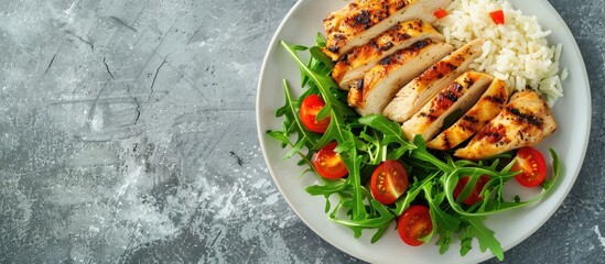 Aufkleber - Healthy diet concept showcasing grilled chicken, green vegetables, and rice on a gray background in a top view, flat lay composition with copy space image.
