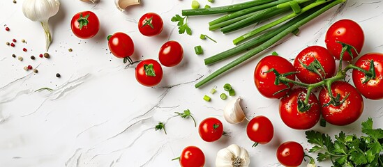 Aufkleber - A variety of fresh ingredients like cherry tomatoes, green onions, garlic, and parsley on a clean white surface; seen from above with room for text or a logo. Copy space image