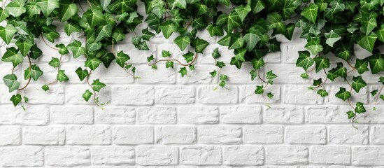 Aufkleber - a white brick wall with a mockup of leaves provides copy space image.