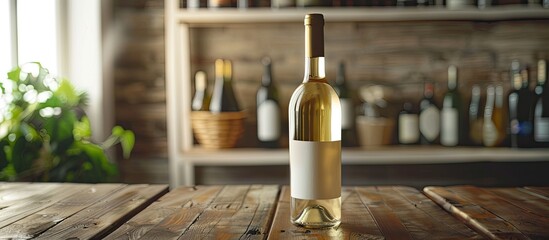 Poster - White wine bottle intact on aged table, shallow depth of field highlighting the foreground, with room for text or elements in the image. Copy space image. Place for adding text and design