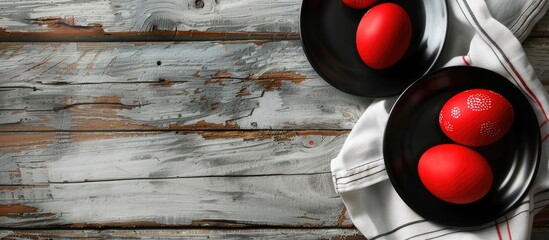 Poster - Top-down view of red Easter eggs on black and white plates displayed on a rustic wooden table with a blank background for copy space image.