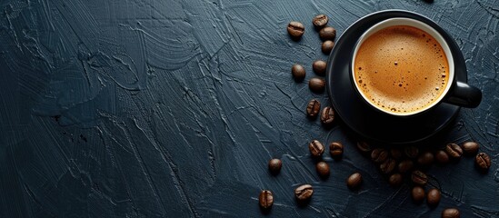 Poster - Coffee cup filled with coffee and beans displayed on a black background with copy space image.