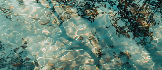 Fototapete - An overhead view of a blurry, transparent water surface with tree shadow and ripples, creating an abstract natural background boasting freshness and patterns, ideal for art with modern copy space