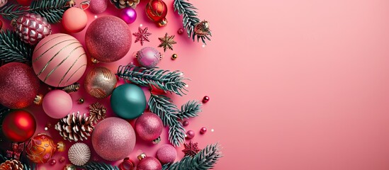 Canvas Print - Overhead view of festive toys and ornaments on a pink Christmas backdrop, conveying a New Year theme with room for adding text or images. Copy space image. Place for adding text and design