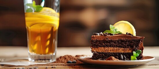 Sticker - A refreshing lemonade and a decadent slice of chocolate cake displayed on a cafe table with copy space image.