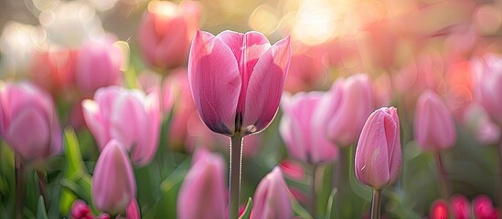 Poster - Close-up image of a luxurious pink tulip in a garden with copy space image.