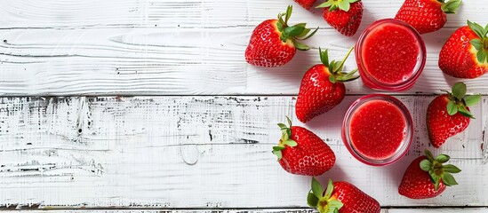 Poster - Strawberry fruit smoothie placed on a white wooden table, with a clear area perfect for adding text or graphics known as a copy space image.